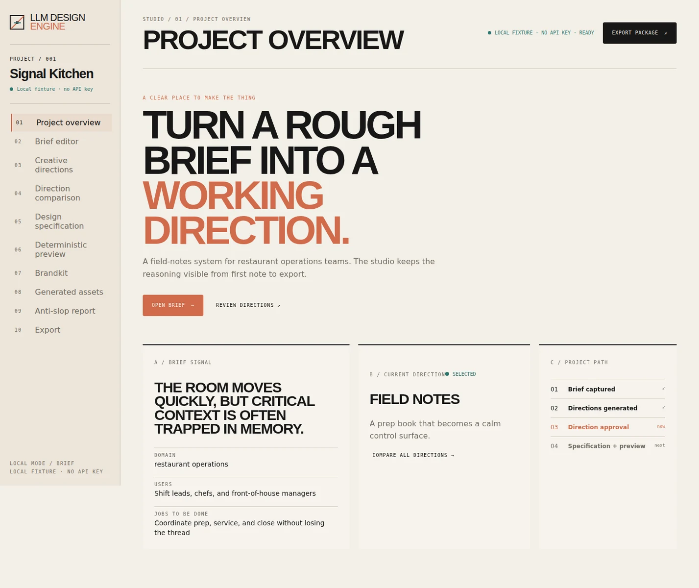 LLM Design Engine Studio showing a project brief, selected creative direction, and export workflow