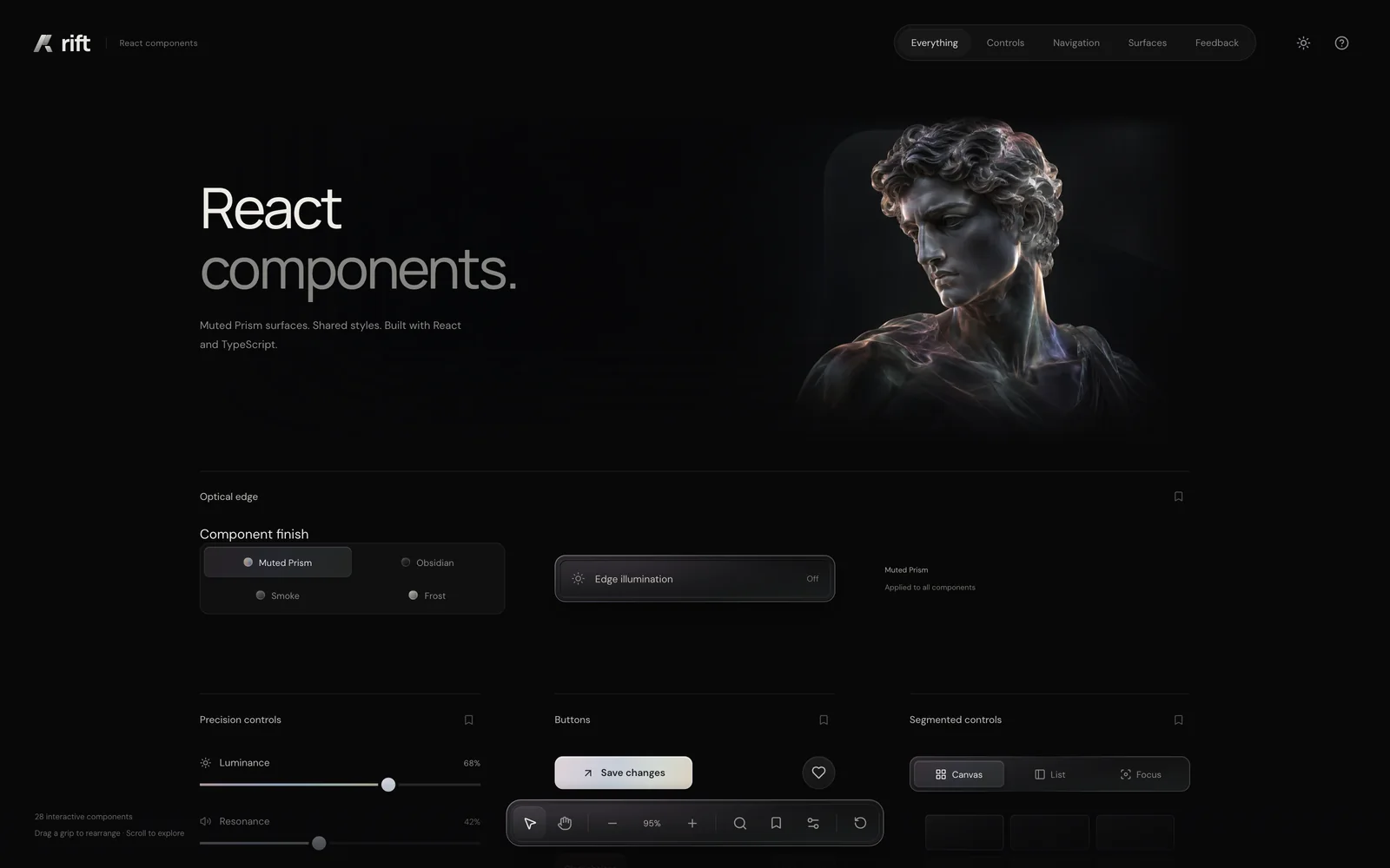 RIFT canvas in dark mode with the React components hero and shared material controls