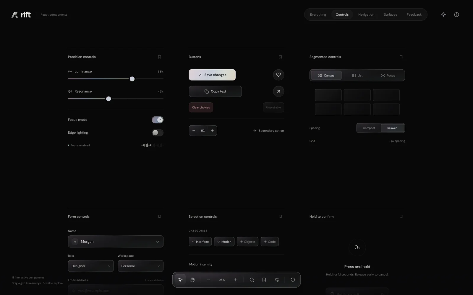RIFT controls layer showing sliders, buttons, segmented controls and form fields