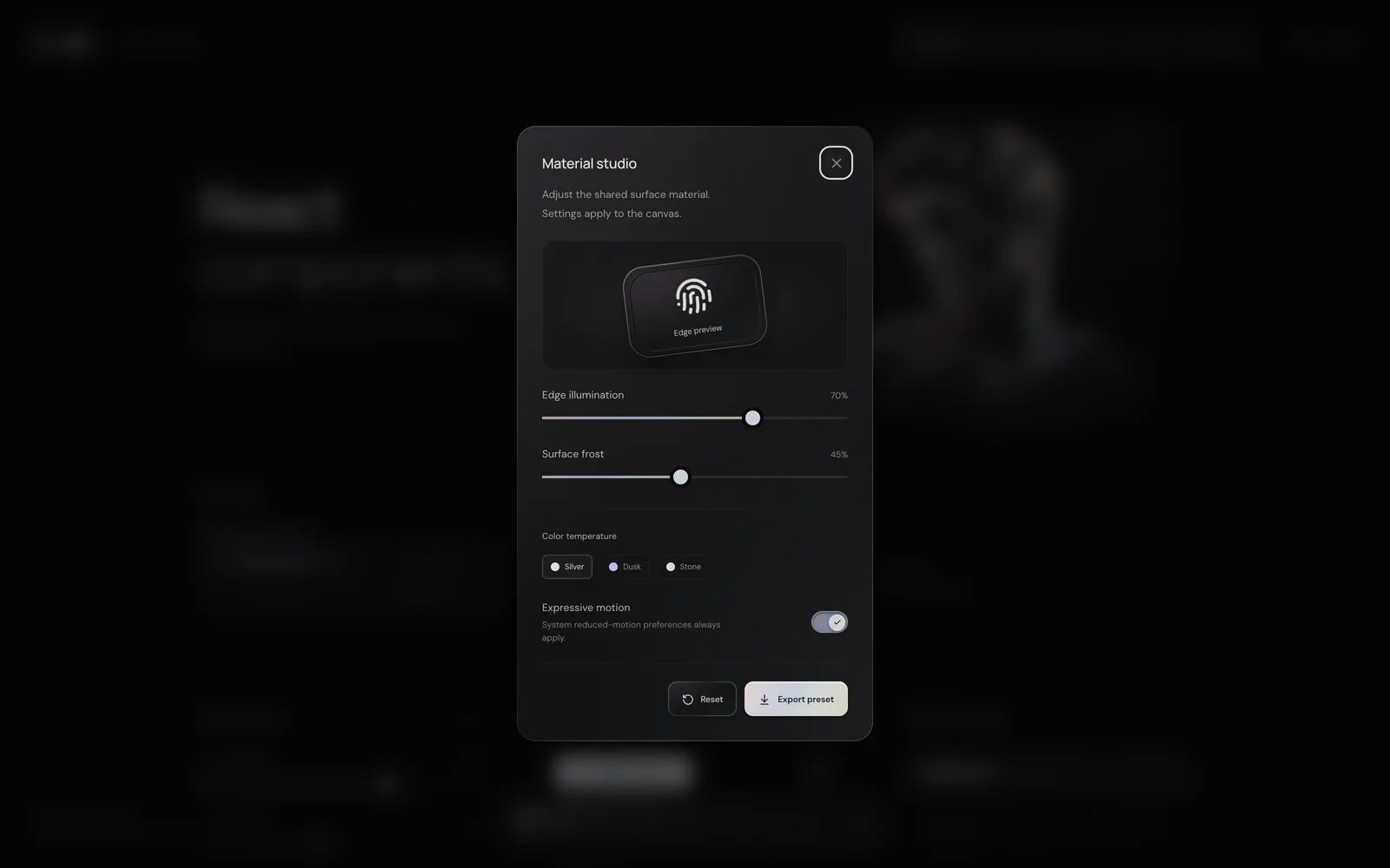 RIFT material studio dialog with edge illumination, surface frost and colour temperature controls