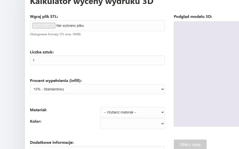Detailed crop of the Woo3D pricing calculator form and model preview