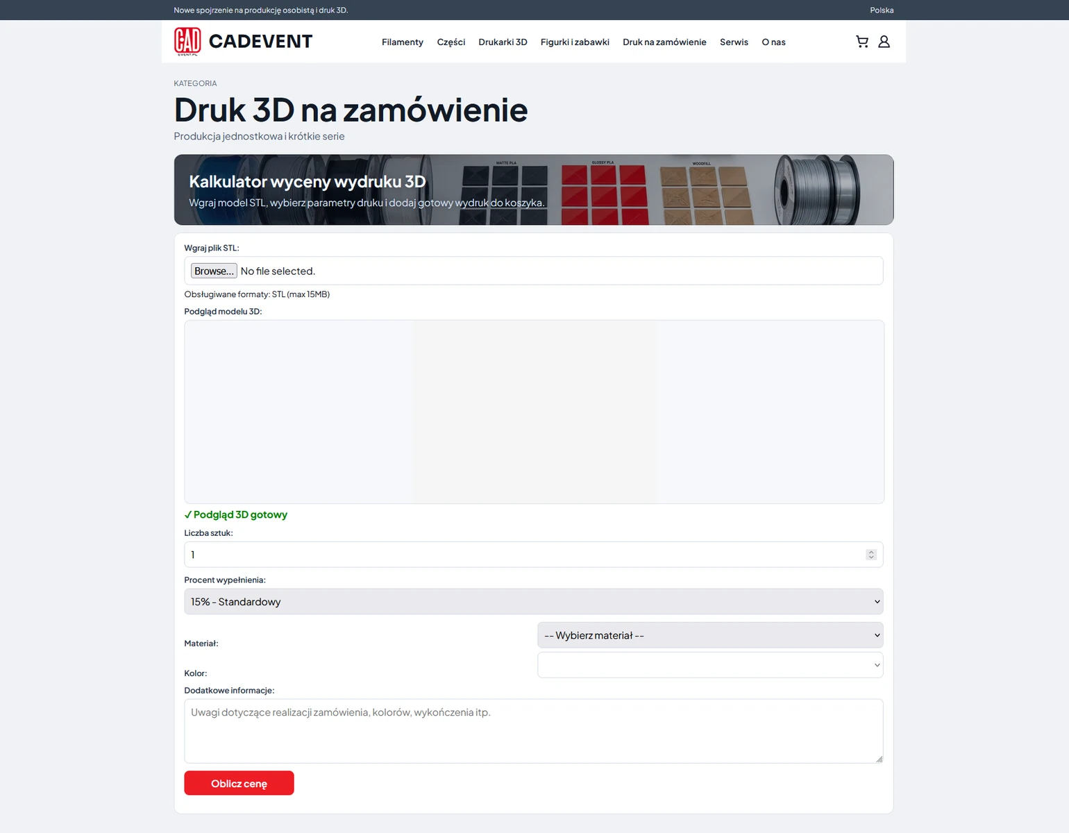 Woo3D calculator implemented in the Cadevent storefront for custom 3D-print orders