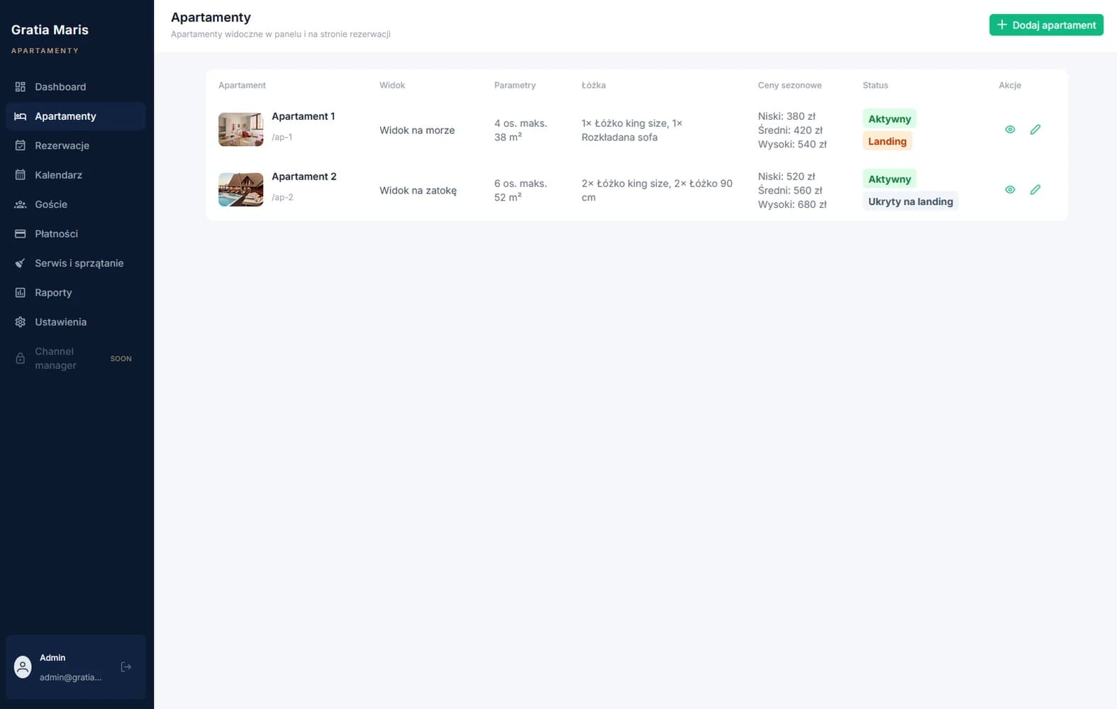 Apartment management table with availability and listing controls