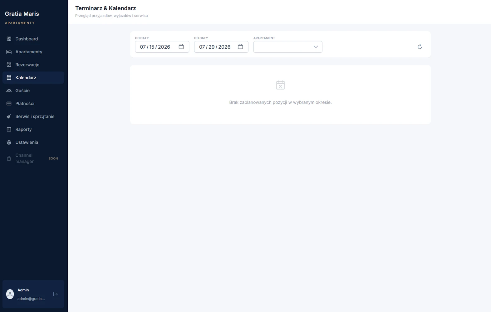 Calendar view for managing apartment availability and reservations